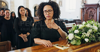 Buy stock photo Grief, woman and coffin at funeral for farewell service, mourning death and goodbye at burial ceremony. Person, family and respect of rip, memorial comfort and emotional gathering at community church