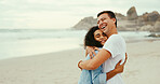 Hug, laugh and love with couple at beach for romantic vacation, travel adventure and bonding. Happiness, holiday and partner with man and woman embrace outdoors for honeymoon, space and date