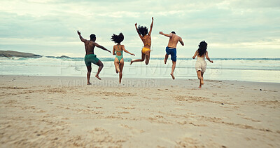 Buy stock photo Back, jumping and people on beach with freedom, travel or excited on summer vacation. Friends, energy and running at ocean space for holiday, water adventure or bonding at reunion at tropical island