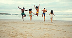 Back, jumping and friends on beach with freedom, travel or excited on summer vacation. People, energy and running at ocean space for holiday, water adventure or bonding at reunion at tropical island
