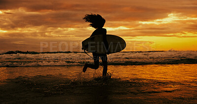 Buy stock photo Silhouette, sunset and running with surfboard, beach and adventure for surfer in water, back or holiday. Summer vacation, travel and person with fitness for sport, clouds and hobby in nature or ocean