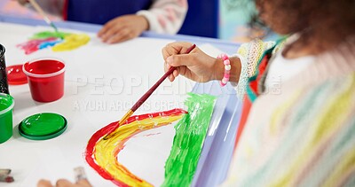 Buy stock photo Kindergarten, hands and child with painting for education, creativity and skills development. Preschool, drawing and kid as student for artwork, learning and growth activity in classroom with brush