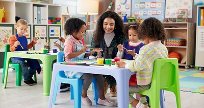 Buy stock photo Kindergarten, teacher and kids with painting for education, creativity and skills development. Preschool, educator and children as students for artwork, learning and growth activity in classroom