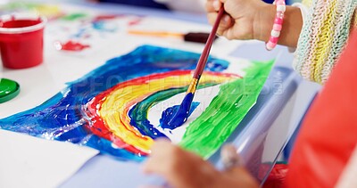 Buy stock photo Kindergarten, hands and kid with painting for education, creativity and skills development. Preschool, drawing and child as student for rainbow project, learning or motor growth in closeup with brush
