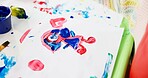 Drawing, color and table with kindergarten painting for sketch, fine motor skills or graphic at school. Empty, classroom and creative childhood development with art for mural activity or lesson