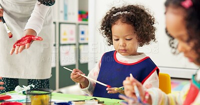 Buy stock photo Education, kids and students in school, painting and creative lesson with artwork project, canvas and teaching. Children, learning academy and development with mobility, artist and fun in classroom