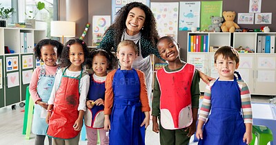 Buy stock photo Happy children, portrait and teacher with students at kindergarten school for elementary education. Group, educator or kids with smile for fun learning, creativity or childhood development in class