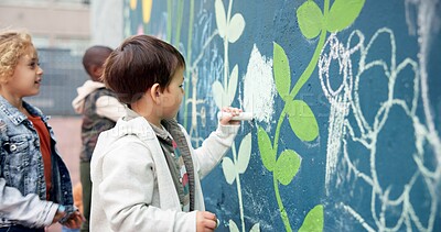 Buy stock photo Wall, students and drawing with chalk for creativity, growth development and children in school. Space, education and kids with learning for writing mural, inspiration and outdoor in kindergarten
