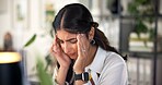 Office, stress and woman with headache, pain and thinking of mistake on project, anxious and worried. Corporate, business and person with migraine for task, contemplating and employee with burnout
