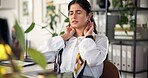 Business woman, neck pain and injury with headache at office for overworked, stress or fatigue. Female person, employee or administrator with sore ache, strain or pressure for muscle tension or nerve