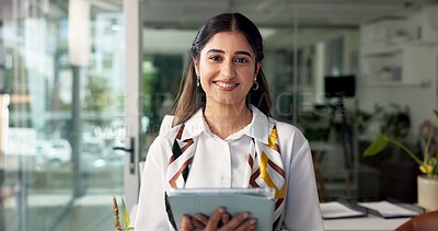 Buy stock photo Happy woman, portrait and secretary with tablet for personal assistance, research or development at office. Face, female person or receptionist with smile or technology for job, career pride or help