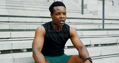 Buy stock photo Fitness, tired and black man in city, breathing and wellness with exercise, rest and exhausted. African person, athlete and runner with fatigue, challenge and relax with break, outdoor and training