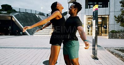 Buy stock photo Runner, chest bump and smile with black people in city for personal trainer, workout goals and health. Coaching success, partner and teamwork with man and woman for exercise, celebration and night