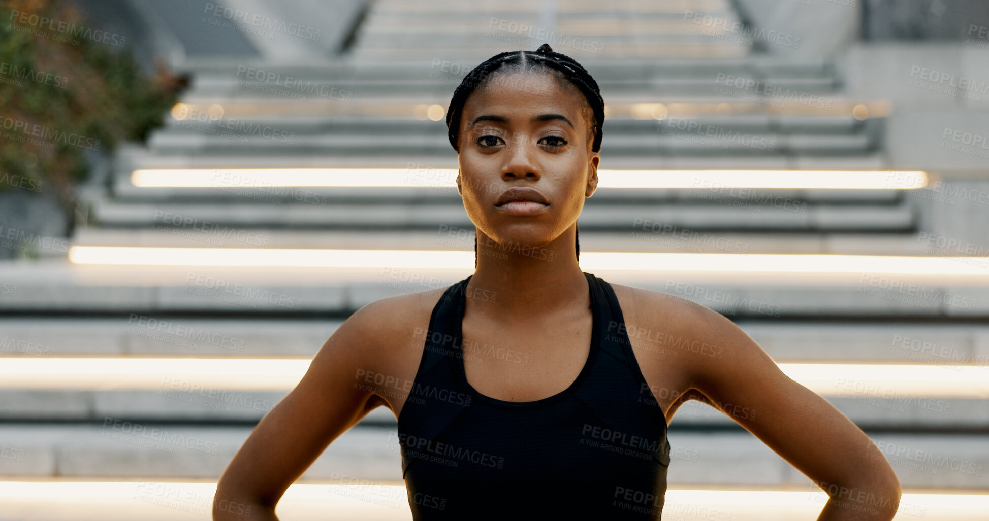 Buy stock photo Fitness, health and black woman in city, portrait and wellness with exercise, rest and relax. African person, athlete and runner with challenge, serious and training with break, outdoor and Kenya