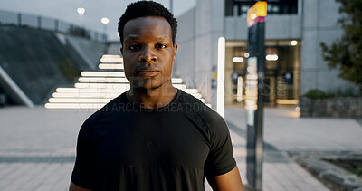 Buy stock photo Fitness, night and portrait with black man, outdoor and wellness with exercise, rest and challenge. African person, athlete and runner with confidence, evening and relax with break, pride or training