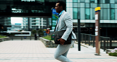 Buy stock photo Black man, city and running late for work, rush or commute fail with speed to business office. Schedule, time management and fast journey to workplace, motion or moving outdoor with morning delay