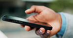 Hands, phone and business person in city online for morning commute, travel and journey to office. Professional, corporate and worker on smartphone for networking, typing email and contact in town
