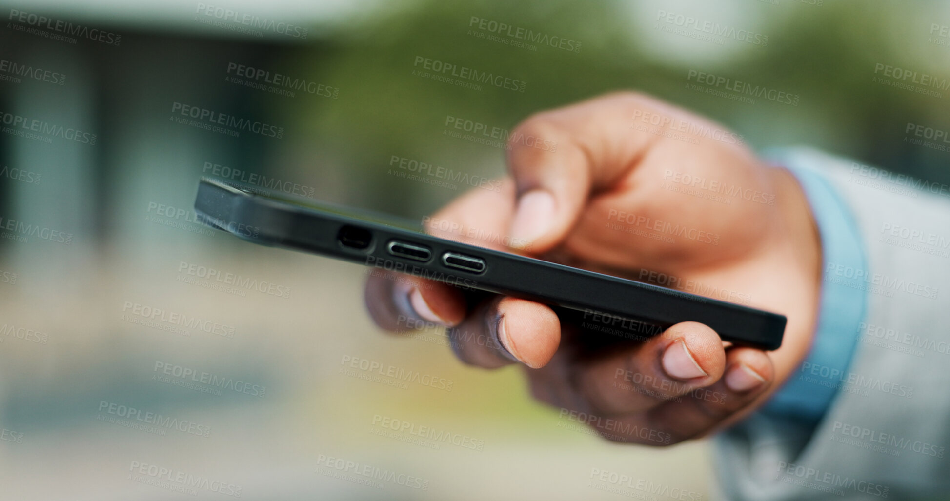 Buy stock photo Outdoor, city or hands of businessperson with phone for social media notification, appointment or news. Closeup, check or financial advisor on mobile app for text message, schedule or online update