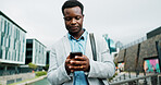 Travel, phone and business black man in city online for morning commute, walking and journey to office. Professional, corporate and person on smartphone for networking, contact and internet in town