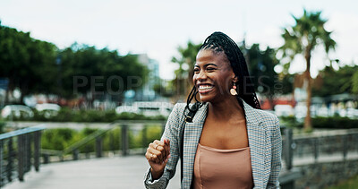 Buy stock photo Black woman, happiness or business in city with success, winning or excited for career opportunity in real estate. Female realtor, fist or smile for achievement outdoor, victory or promotion for job