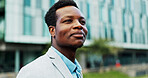Smile, thinking and business with black man in city for property developer, confidence and professional. Happiness, real estate agent and commute with person outdoors for career, pride and urban