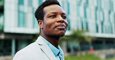 Buy stock photo Smile, thinking and business with black man in city for property developer, confidence and professional. Happiness, real estate agent and commute with person outdoors for career, pride and urban