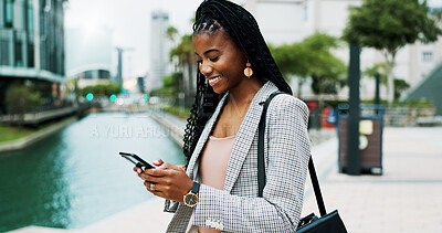 Buy stock photo Happy, business and African woman with phone in city for morning commute, trip and travel to office. Professional, corporate and person on smartphone for networking, connection and internet in town