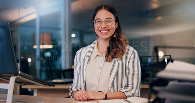 Buy stock photo Glasses, portrait and business with woman in office with laptop for budget research, financial records and overtime. Review deadline, asset management and night with person in agency for audit