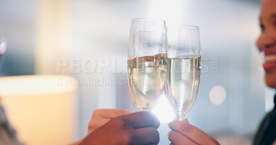Buy stock photo Hands, business people and champagne with toast in office for goals, success or celebration for profit. Team, partnership and cheers with sparkling wine for winning, achievement or party at agency