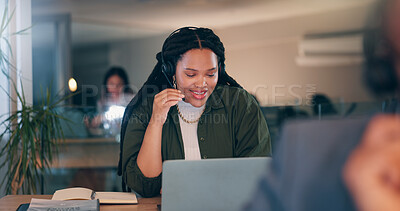 Buy stock photo Woman, headset and talking at call center, night and discussion for lead generation with laptop. Person, virtual consultation and computer with voip, mic and contact us with job at startup company
