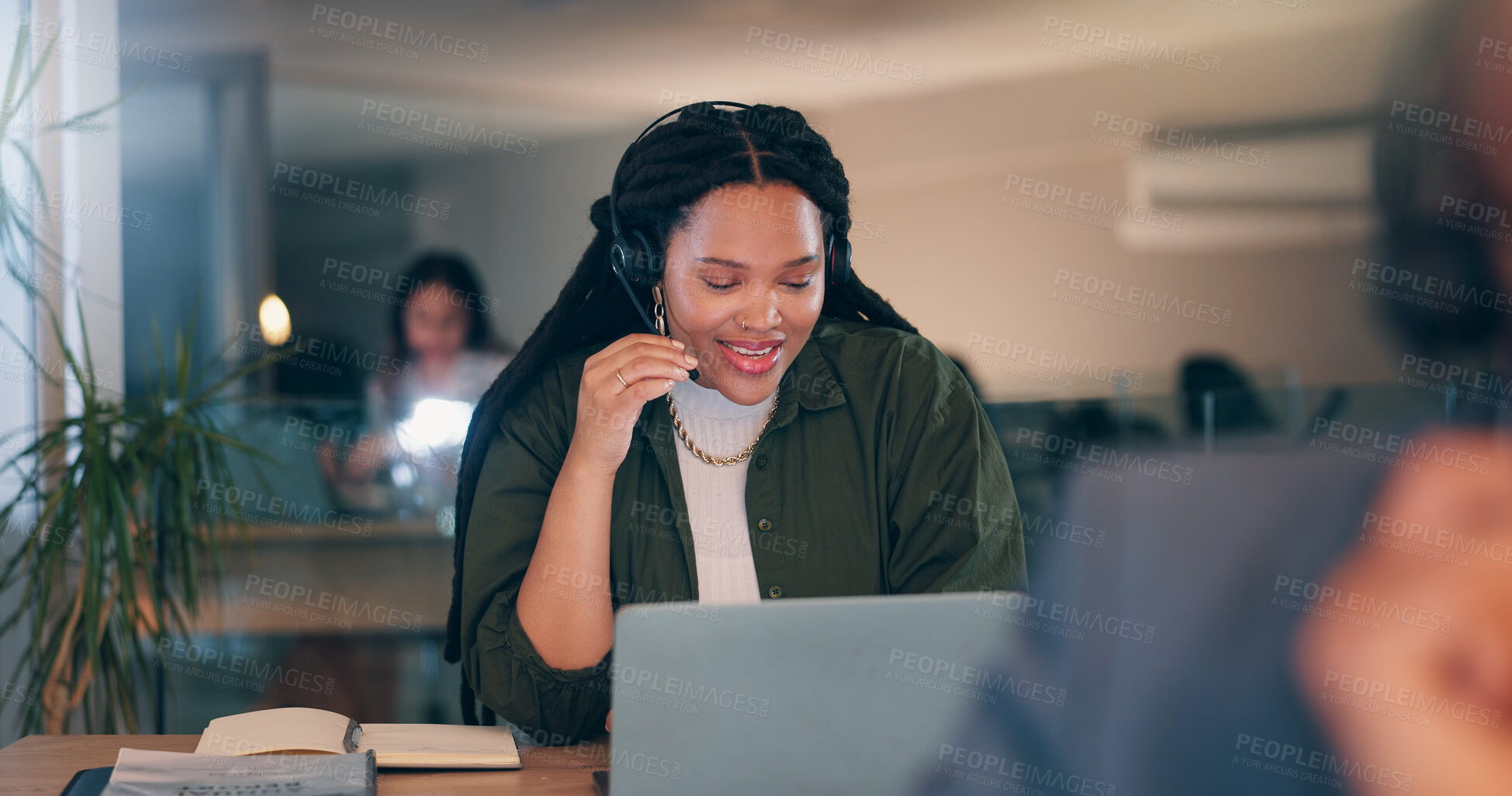 Buy stock photo Woman, headset and talking at call center, night and discussion for lead generation with laptop. Person, virtual consultation and computer with voip, mic and contact us with job at startup company