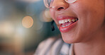Mic, mouth and smile at night, call center and space for customer support, job or advisory services. Person, agent or virtual consultation on voip, contact us and happy for closeup at startup company