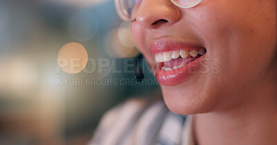 Buy stock photo Mic, mouth and smile at night, call center and space for customer support, job or advisory services. Person, agent or virtual consultation on voip, contact us and happy for closeup at startup company