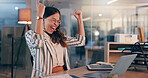 Woman, fist and winning with laptop at office, night or excited for goals, success or promotion at startup. Person, writer and happy for cheers, celebration or approval for project at creative agency