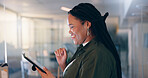 African woman, tablet and happy at office, reading and notification with profile at media company. Person, journalist or writer on digital touchscreen, app and smile for approval for story at agency