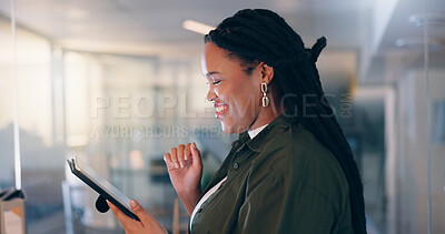 Buy stock photo African woman, tablet and happy at office, reading and notification with profile at media company. Person, journalist or writer on digital touchscreen, app and smile for approval for story at agency