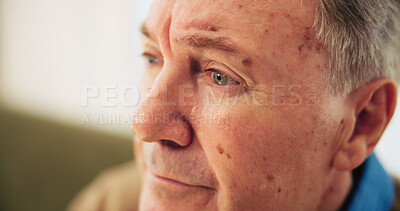 Buy stock photo Thinking, regret or elderly man with stress in retirement home, closeup or house with dementia. Anxiety, worried or face of lonely senior person with Alzheimers, sad memory nostalgia or depression