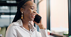 Business. laughing and phone call with black woman in coffee shop for communication or remote work. Conversation, funny and smile of employee in cafe or restaurant for freelance career as customer