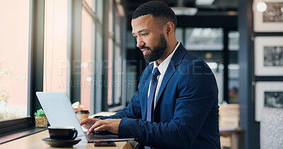 Buy stock photo Business, man and laptop in cafe for typing, writing corporate proposal and remote work with coffee. Report, feedback or email response for admin, information or out of office research in diner