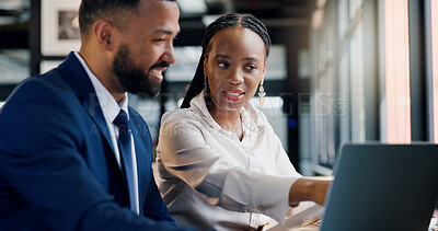 Buy stock photo Woman, man and laptop for meeting at cafe with discussion, review or happy for project management. People, computer and consulting for business plan with proposal, questions and advice at coffee shop
