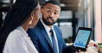 Tablet, screen and business people in meeting with graphs for annual report, statistics and research team. Information, international data with online analysis or review for corporate collaboration
