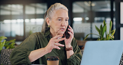 Buy stock photo Business woman, phone call and laptop in cafe for discussion, mature journalist with communication and article info. Mobile contact, online review or feedback, lead for story or remote work research
