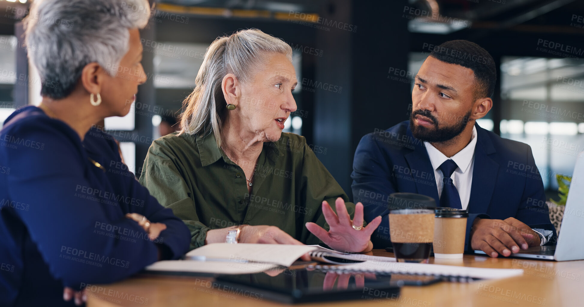 Buy stock photo Group, business people and discussion in office with manager for brainstorming ideas and solution. Meeting, team and planning project with strategy proposal, progress update and explain budget cost