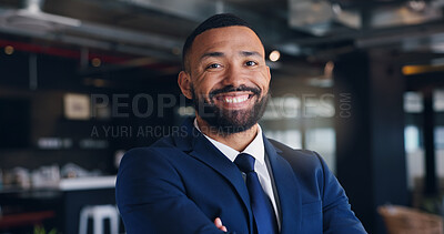 Buy stock photo Smile, black man and confident portrait in office for legal advice, corporate defender or advocate. Male employee, attorney or lawyer as professional consultant for business growth, pride or justice