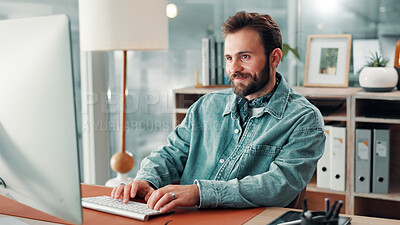 Buy stock photo Office, businessman and smile with computer for information, reading news and editor for publication. Workplace, male person and journalist with digital for editing blog, typing draft and research
