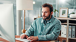 Man, computer and typing with writer in office, story draft or article writing or blog research. Proofreading, analysis and copywriting with review or email feedback for male employee in publishing