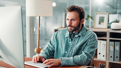 Buy stock photo Man, computer and typing with writer in office, story draft or article writing or blog research. Proofreading, analysis and copywriting with review or email feedback for male employee in publishing