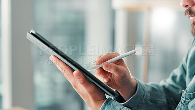 Buy stock photo Tablet, stylus and hands with graphic design closeup, cartoon illustrator and drawing with person in office. Process, art and tech, animator with digital comic and creative project at media startup