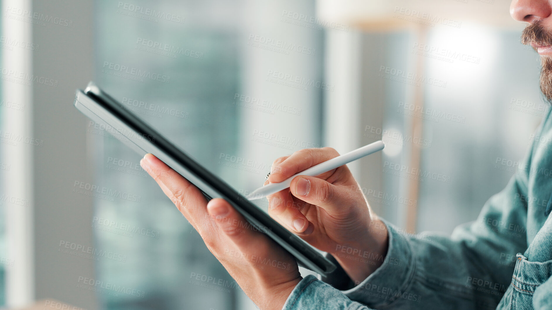 Buy stock photo Tablet, stylus and hands with graphic design closeup, cartoon illustrator and drawing with person in office. Process, art and tech, animator with digital comic and creative project at media startup
