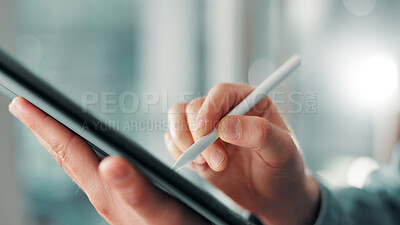 Buy stock photo Tablet, stylus and hands in closeup for creative project, cartoon illustrator and drawing with person in office. Process, art and tech, animator for digital comic and graphic design at media startup